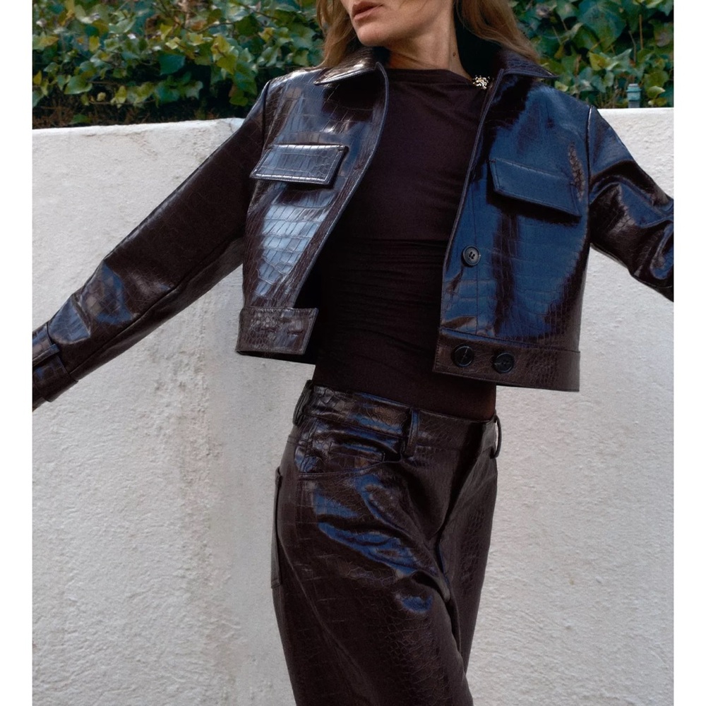 Zara Women's Black Croc-Patterned Leather Jacket